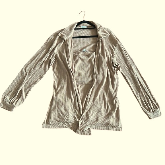 Fashion Nova Tan Long Ribbed Cardigan w/ matching spaghetti strap crop top Large - Picture 11 of 15